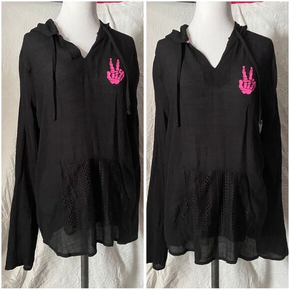 Retro, Peace Sign Skeleton, Upcycled, Hooded, Cover-Up Tunic - Picture 7 of 16